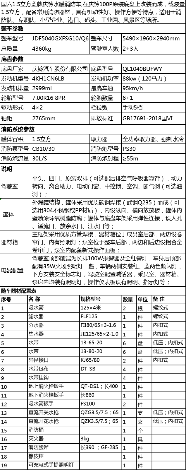 國六慶鈴100P藍(lán)牌水罐消防車